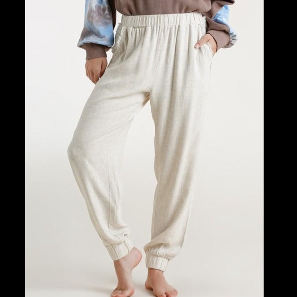 Linen blend elastic waist joggers